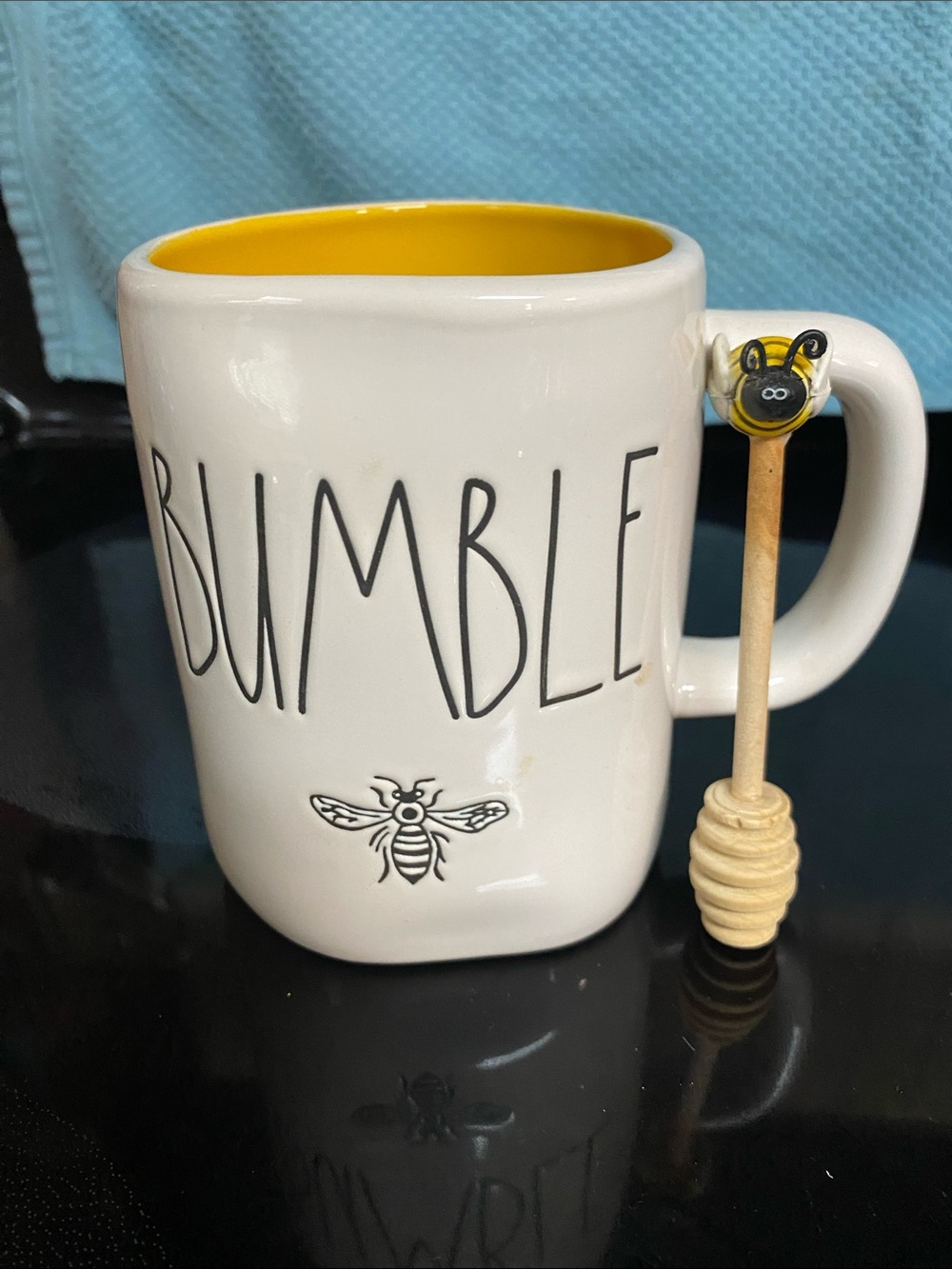 Rae Dunn Cream Mug with Yellow Interior - BUMBLE Bee Design w/honey stir stick